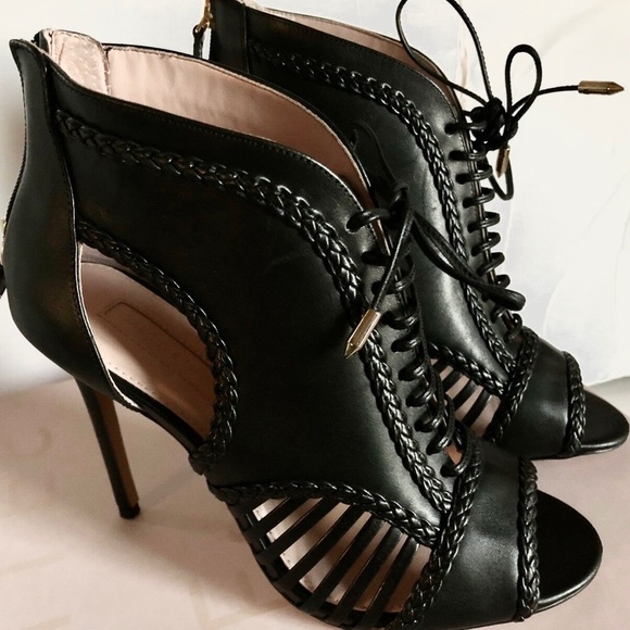 Avec Les Filles Black Joyce Lace Up Open Toe Stiletto Heel Pump Booties Shooties - Picture 10 of 13